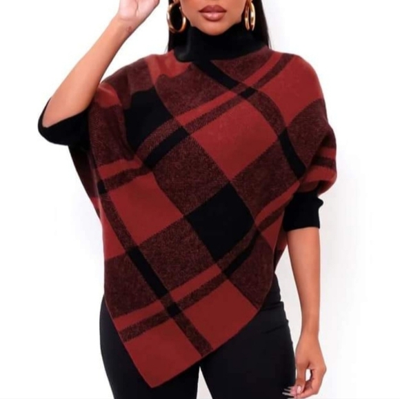 Boutique Sweaters - Elegant Plaid Women's Poncho - Burgundy and Black